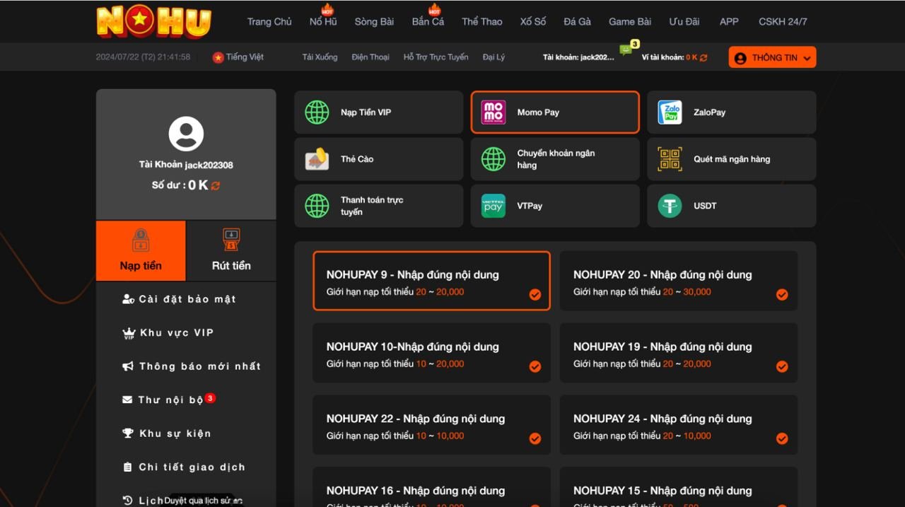 NoHu - Các Phương Thức Nạp Tiền
